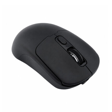 Un mouse inalámbrico recargable negro de diseño compacto muestra dos botones, rueda central y acabado liso sobre fondo blanco limpio.