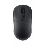 Un mouse inalámbrico recargable negro de diseño compacto muestra rueda de desplazamiento y botón central, acorde con el modelo silencioso de 4 botones.