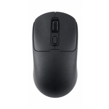 Un mouse inalámbrico recargable negro de diseño compacto muestra rueda de desplazamiento y botón central, acorde con el modelo silencioso de 4 botones.