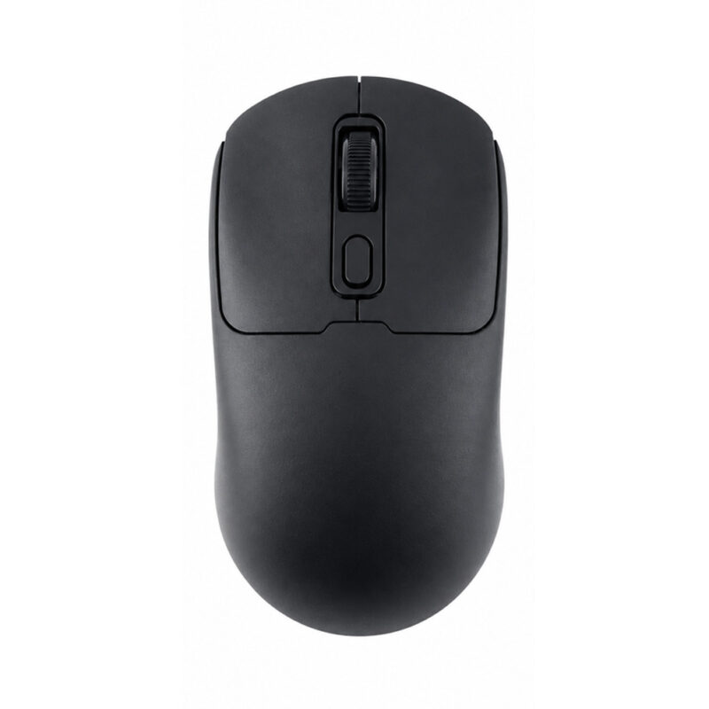 Un mouse inalámbrico recargable negro de diseño compacto muestra rueda de desplazamiento y botón central, acorde con el modelo silencioso de 4 botones.
