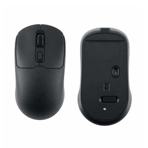 Mouse inalámbrico recargable negro con diseño vertical, rueda central y base ergonómica, visto por delante y por debajo sobre fondo blanco.