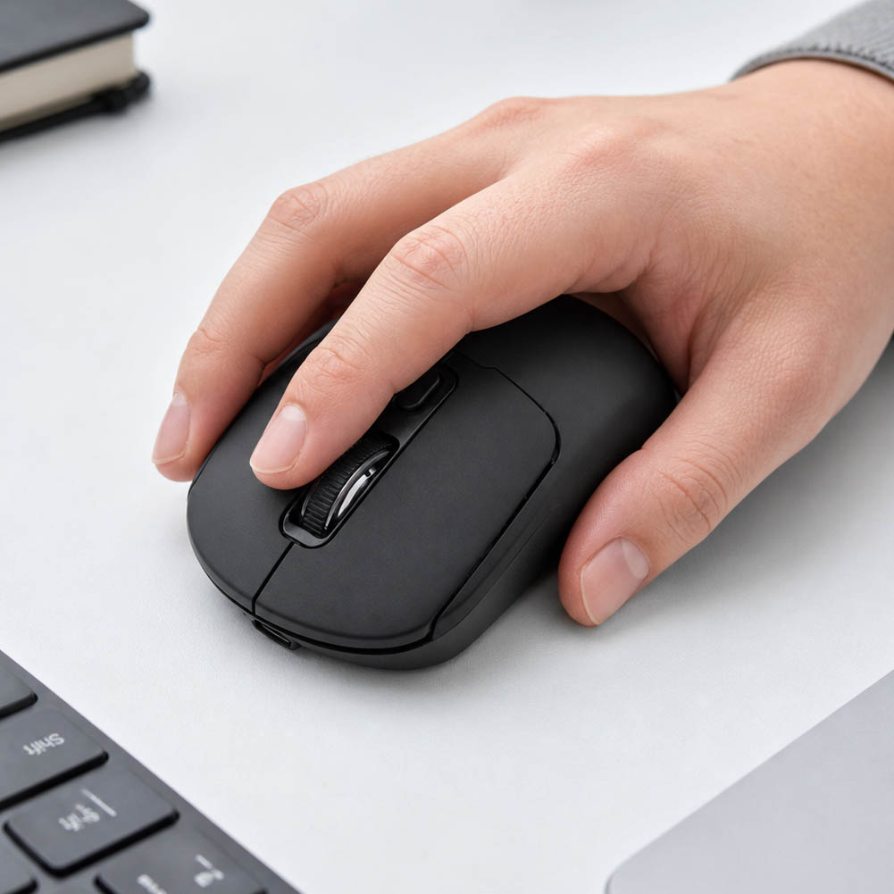 Una mano sostiene un mouse inalámbrico negro sobre un escritorio blanco, junto al teclado, en una escena de trabajo limpia, minimalista y ordenada.