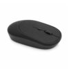 Un mouse inalámbrico recargable slim negro, de 4 botones y diseño compacto, aparece sobre fondo blanco con rueda central y forma ergonómica.