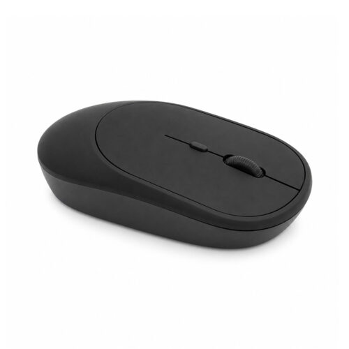 Un mouse inalámbrico recargable slim negro, de 4 botones y diseño compacto, aparece sobre fondo blanco con rueda central y forma ergonómica.