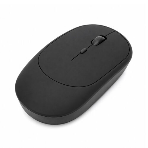 Con acabado negro mate, el mouse inalámbrico recargable slim de 4 botones muestra un diseño compacto y silencioso sobre fondo blanco.