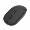 Un mouse inalámbrico recargable slim negro, de diseño compacto y minimalista, muestra una rueda central y acabado liso sobre fondo blanco.