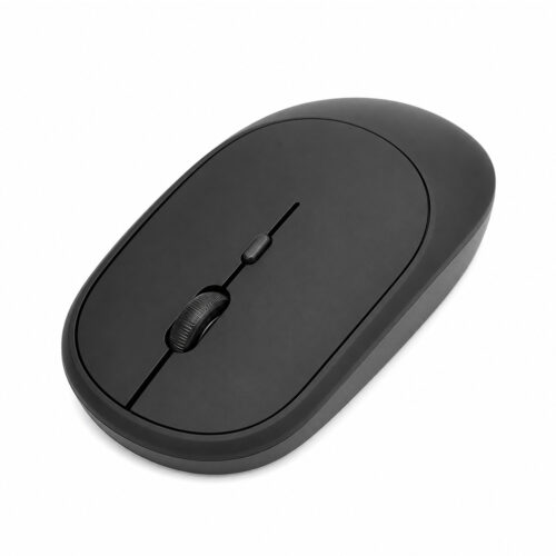Un mouse inalámbrico recargable slim negro, de diseño compacto y minimalista, muestra una rueda central y acabado liso sobre fondo blanco.
