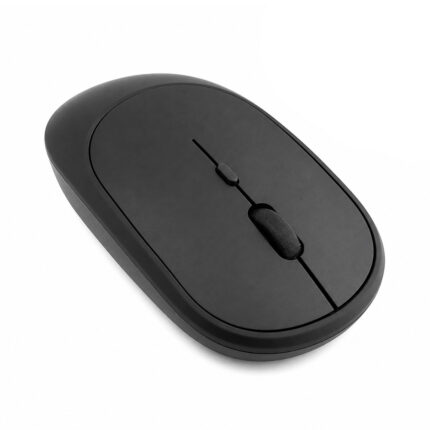 Sobre fondo blanco se ve un mouse inalámbrico recargable slim negro de EON, con 4 botones, rueda central y diseño compacto para escritorio.