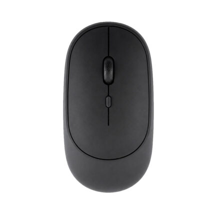 Mouse inalámbrico recargable slim negro con cuatro botones, rueda central y diseño compacto, pensado para moverse con comodidad en el escritorio.