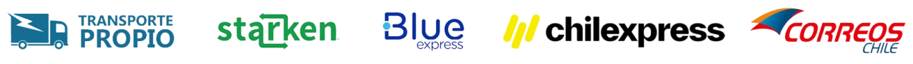 Logotipos de Transporte Propio, Starken, Blue Express, Chilexpress y Correos Chile para envíos a todo Chile desde Rayoshop en tienda online.