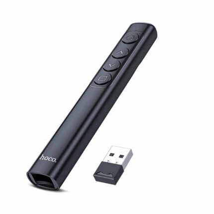 El puntero presentador Hoco GM200 negro incluye receptor USB y botones para avanzar, retroceder y activar el láser durante exposiciones y clases.