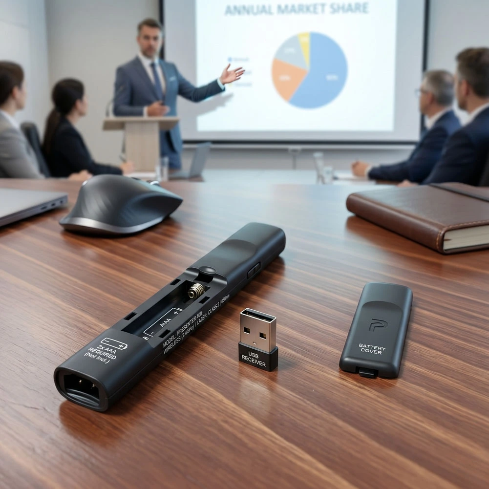 Un puntero presentador Hoco GM200 negro aparece sobre una mesa de reuniones junto a su receptor USB y tapa de batería, con una presentación proyectada al fondo.