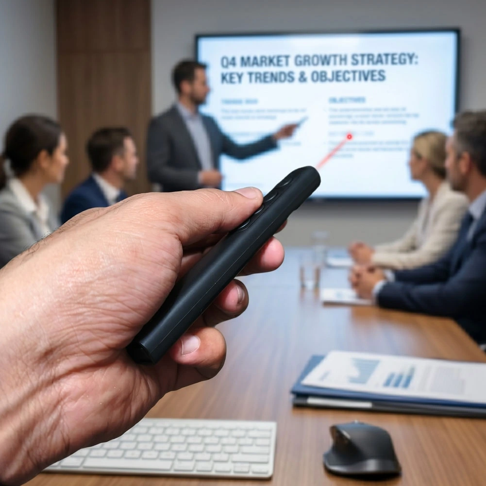 Una mano sostiene un puntero presentador Hoco GM200 negro mientras señala una pantalla con la diapositiva "Q4 Market Growth Strategy" en una reunión.