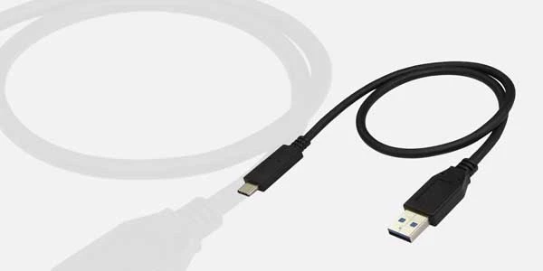 Cable USB negro con conector micro-USB y extremo USB-A, presentado junto a cables de audio, video, carga, red y datos de Rayoshop Chile.