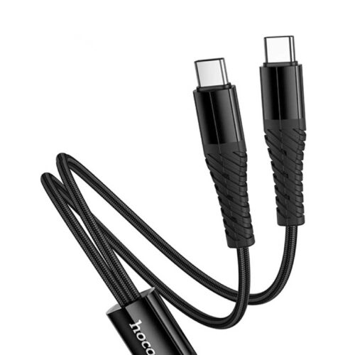 Cable Hoco X123 negro con diseño trenzado y dos conectores USB-C macho, pensado para cargar dos dispositivos desde una sola salida compatible.