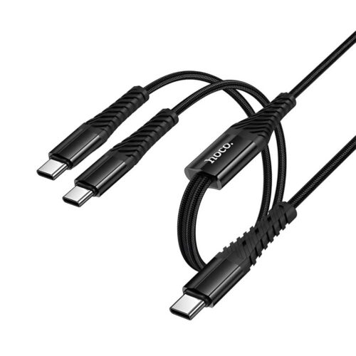 Un cable Hoco X123 negro con revestimiento trenzado muestra un conector USB-C a doble USB-C y detalles reforzados en los extremos.