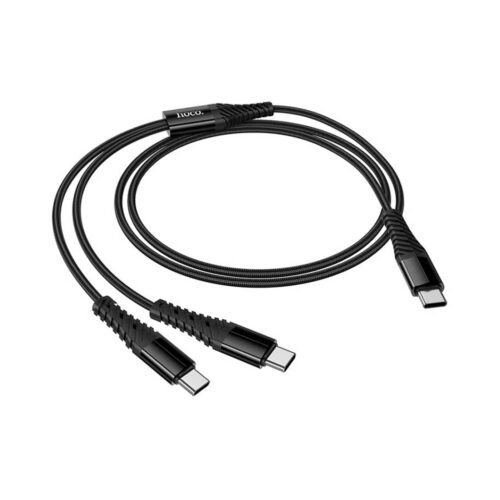 Un cable Hoco X123 negro con recubrimiento trenzado muestra un conector USB-C y dos salidas USB-C en cada extremo sobre fondo blanco.