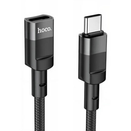 Los conectores USB-C macho y hembra del cable Hoco U107 muestran terminación negra con carcasa de aluminio y malla trenzada en 1,2 metros.