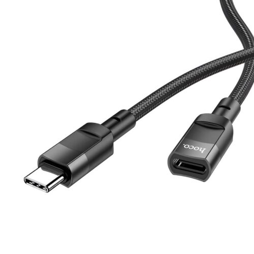 Un cable Hoco U107 negro con malla trenzada muestra un conector USB-C macho y un extremo USB-C hembra, pensado para carga y datos de 1,2 m.