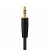Un conector jack 3,5 mm macho a macho negro con punta dorada y cuerpo reforzado, sobre fondo blanco para audio auxiliar de 1,5 metros.