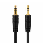 Dos conectores jack de 3,5 mm macho con acabado dorado y cable negro de 1,5 metros aparecen en paralelo sobre fondo blanco, con formato estéreo.