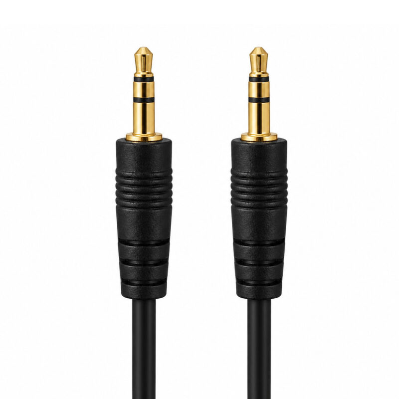 Dos conectores jack de 3,5 mm macho con acabado dorado y cable negro de 1,5 metros aparecen en paralelo sobre fondo blanco, con formato estéreo.