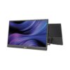 Con soporte trasero ajustable, el monitor portátil LEVO NexView de 15,6 pulgadas FHD muestra una pantalla negra ultrafina sobre fondo blanco.