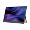 Un monitor portátil LEVO NexView negro de 15,6 pulgadas muestra un diseño delgado con soporte trasero ajustable y pantalla en tonos púrpura y azul.