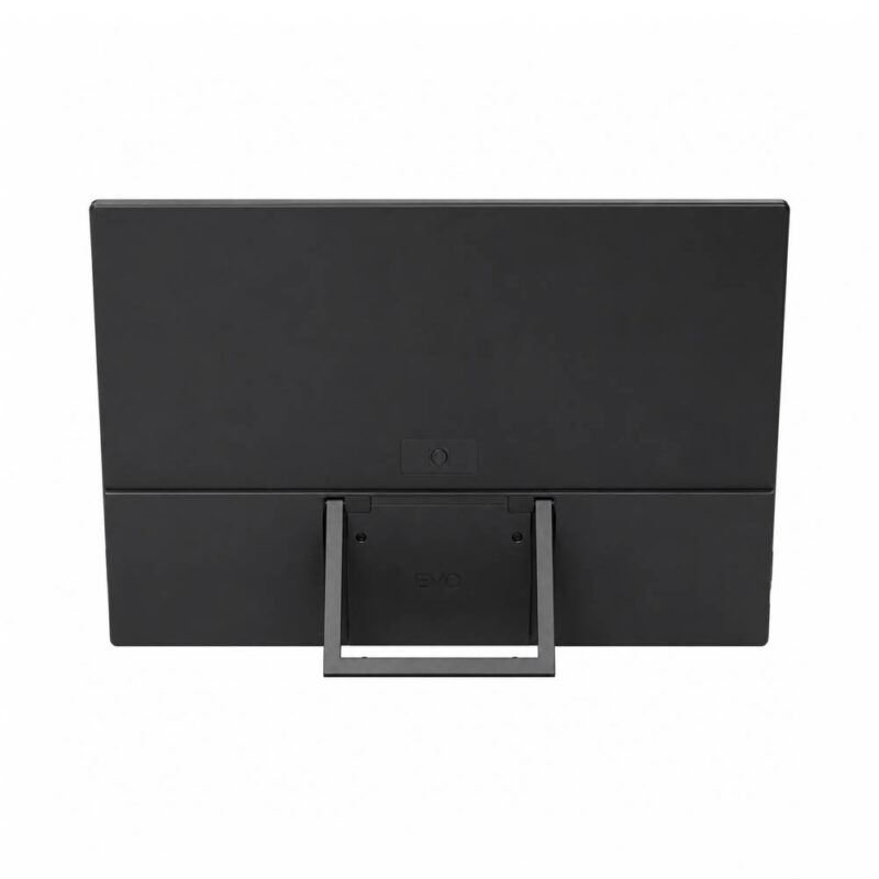 La parte trasera de un monitor portátil LEVO NexView negro muestra su soporte abatible central y un diseño delgado sobre fondo blanco limpio.