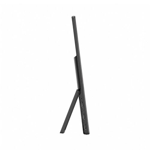 Un monitor portátil negro LEVO NexView aparece de perfil con soporte trasero abatible y puertos laterales visibles sobre fondo blanco.