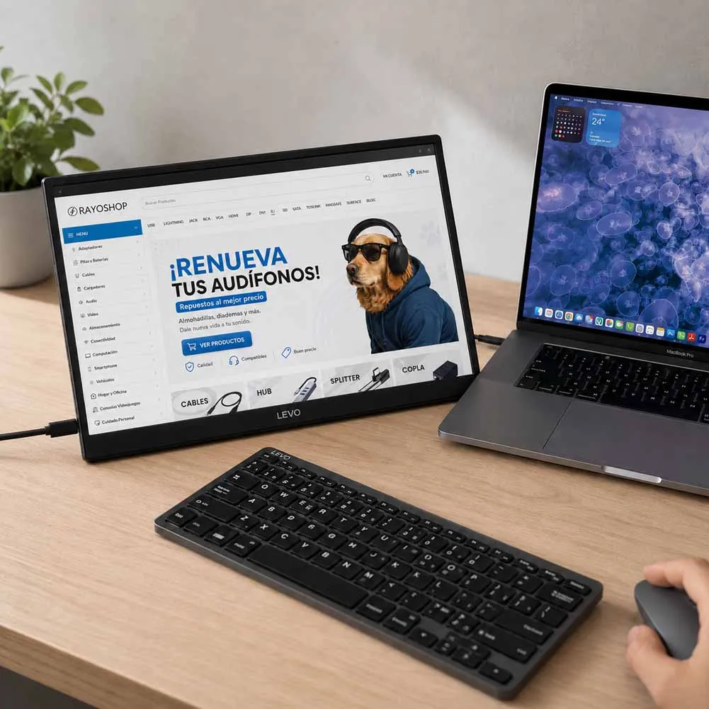 Un monitor portátil LEVO NexView de 15,6 pulgadas en color negro acompaña a un MacBook en un escritorio con teclado y mouse inalámbricos.
