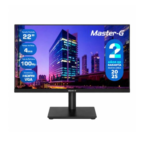Un monitor Master-G MGME2230 de 22 pulgadas muestra una ciudad nocturna con datos de 4 ms, 100 Hz, HDMI y VGA, y garantía 2025.