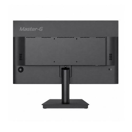 Se ve la parte trasera de un monitor Master-G MGME2230 negro de 22 pulgadas, con soporte central, base rectangular y acabado frameless sobre fondo blanco.
