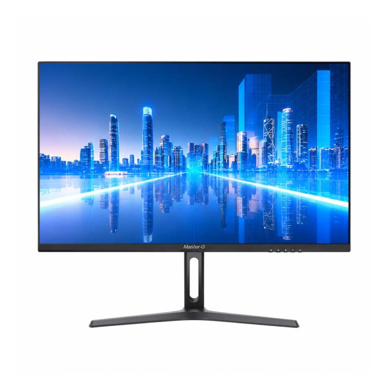 Monitor MasterG con pantalla panorámica mostrando un paisaje urbano azul, bisel delgado y base metálica en forma de V sobre fondo blanco.