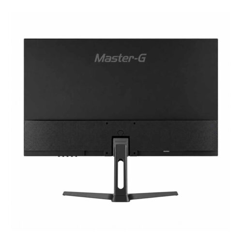 Se ve la parte trasera de un monitor Master-G negro con base central y soporte ancho, sobre fondo blanco y con diseño limpio.