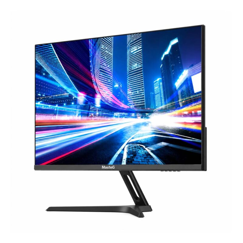Monitor MasterG MGME2440 de 24 pulgadas y 100 Hz, con pantalla IPS y diseño negro sobre fondo blanco, mostrando una escena urbana vibrante.