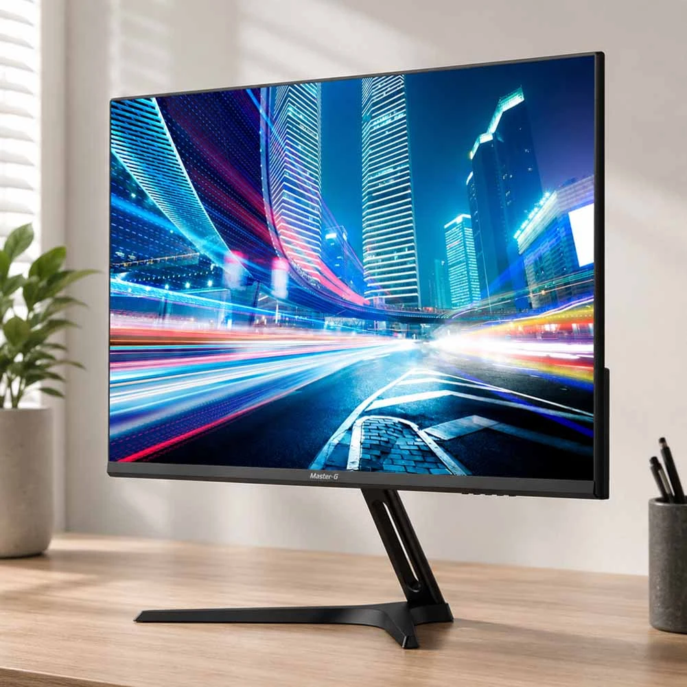 Un monitor MasterG muestra una escena urbana nocturna con luces de neón y estelas de color sobre un escritorio minimalista junto a una planta.