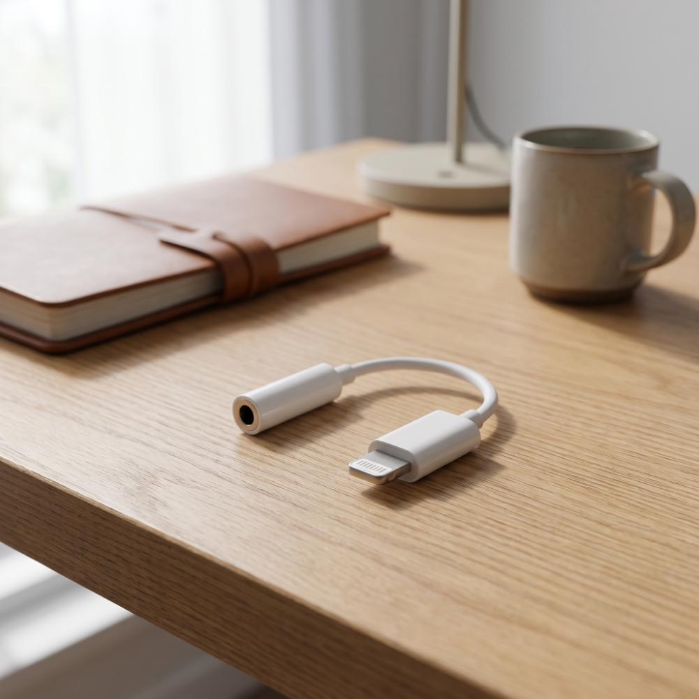 Adaptador blanco de Lightning a jack de 3,5 mm sobre una mesa de madera, junto a una libreta y una taza.