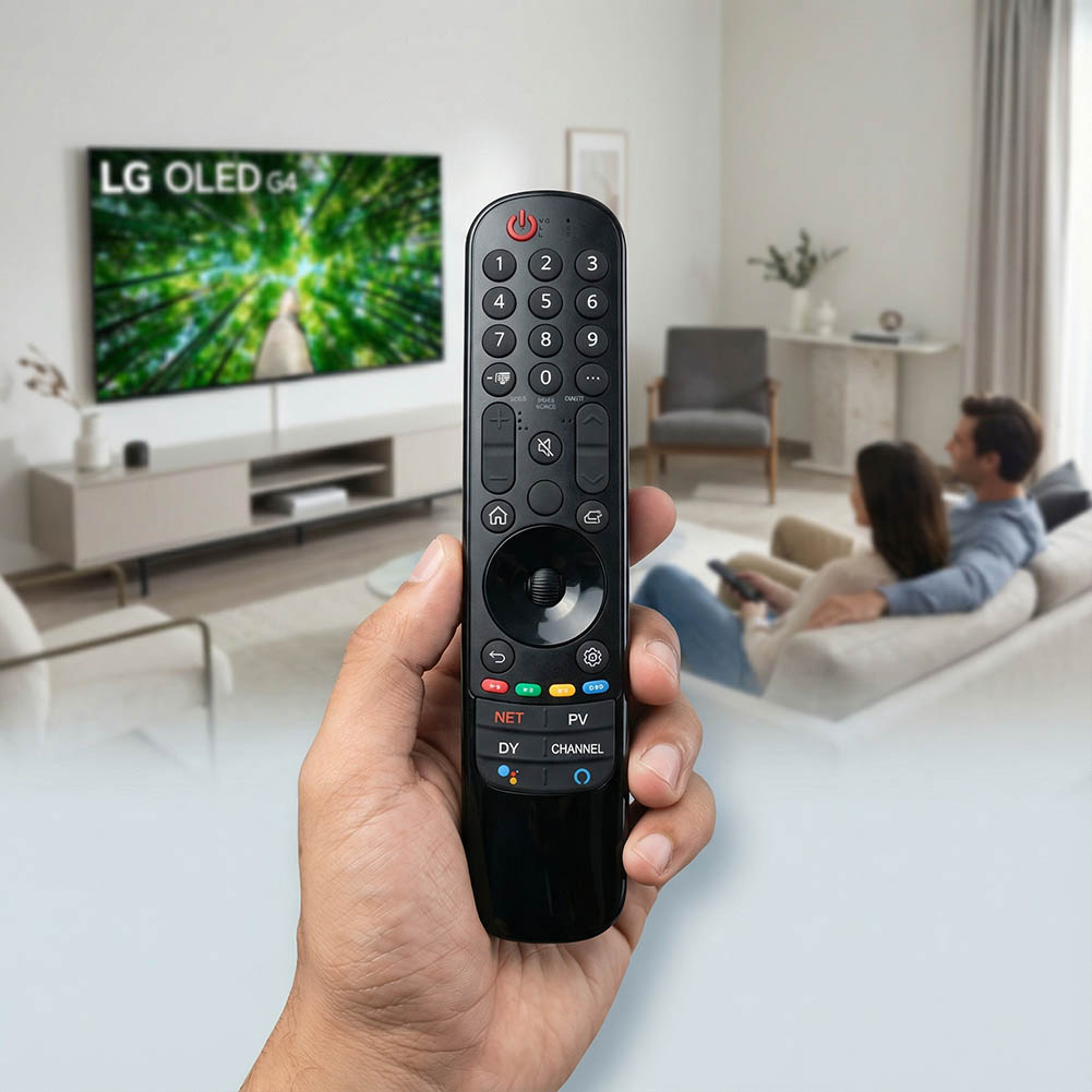Un control remoto negro compatible con LG Magic Smart se sostiene frente a un televisor LG OLED en una sala moderna.