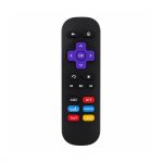 Control remoto negro compatible con Roku, con cruceta morada, botón OK central y accesos directos a Amazon, Netflix, Vudu, Pandora, YouTube y Crackle.