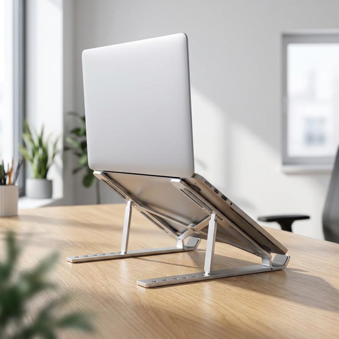 Un soporte para notebook Motomo DSK-06 de aleación de aluminio sostiene un portátil plateado con inclinación ajustable sobre una mesa de madera.