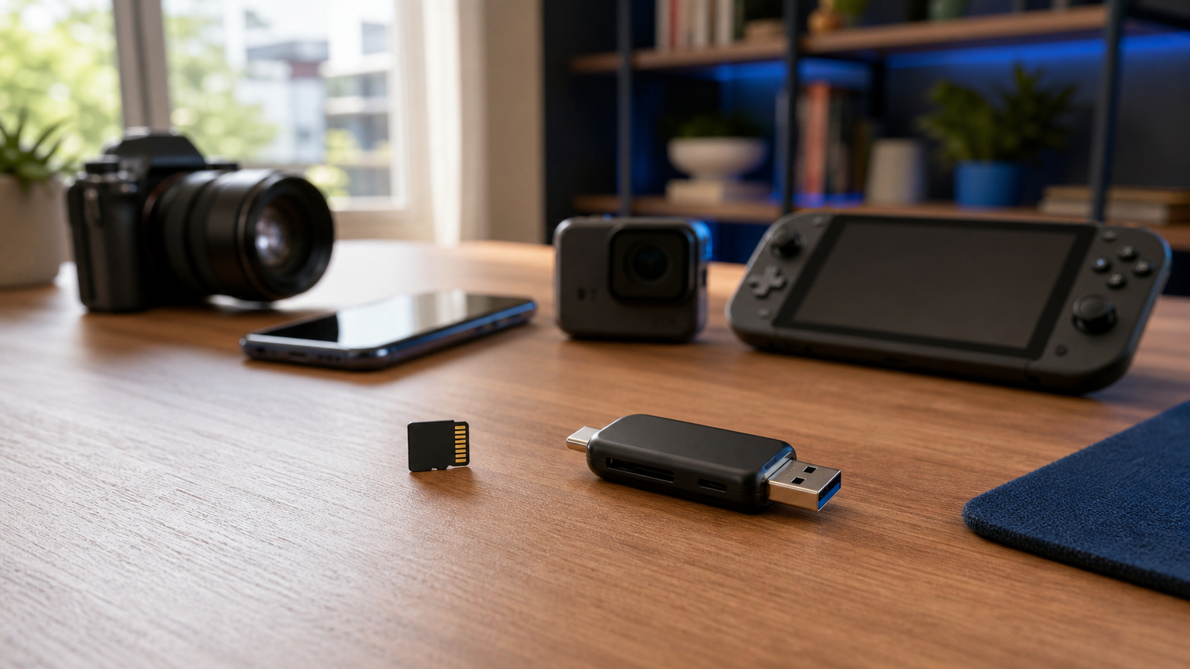 Tarjeta microSD sin marca junto a un lector y dispositivos compatibles