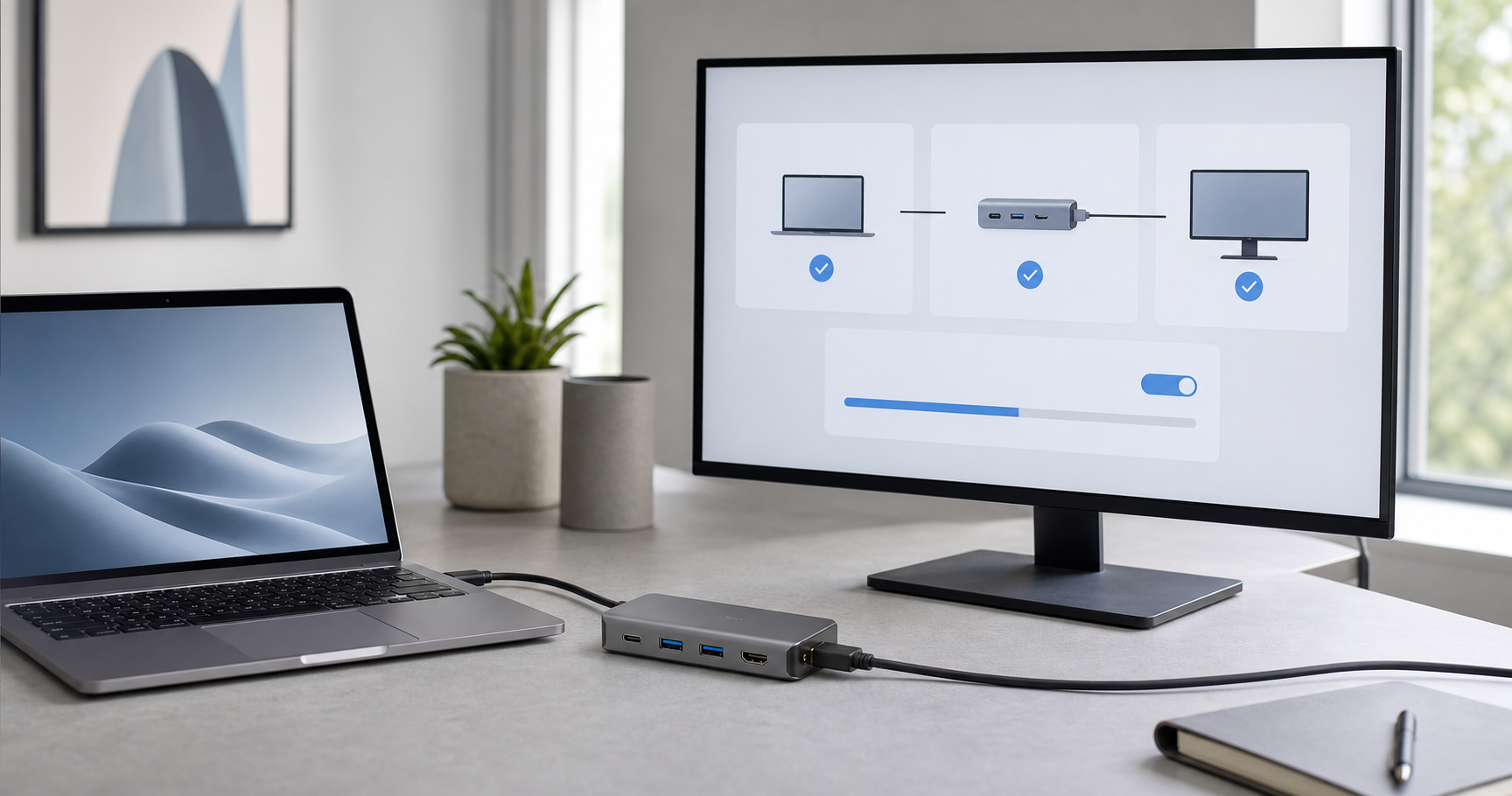 Notebook conectado a un monitor mediante un hub USB-C y un cable HDMI para revisar la salida de video