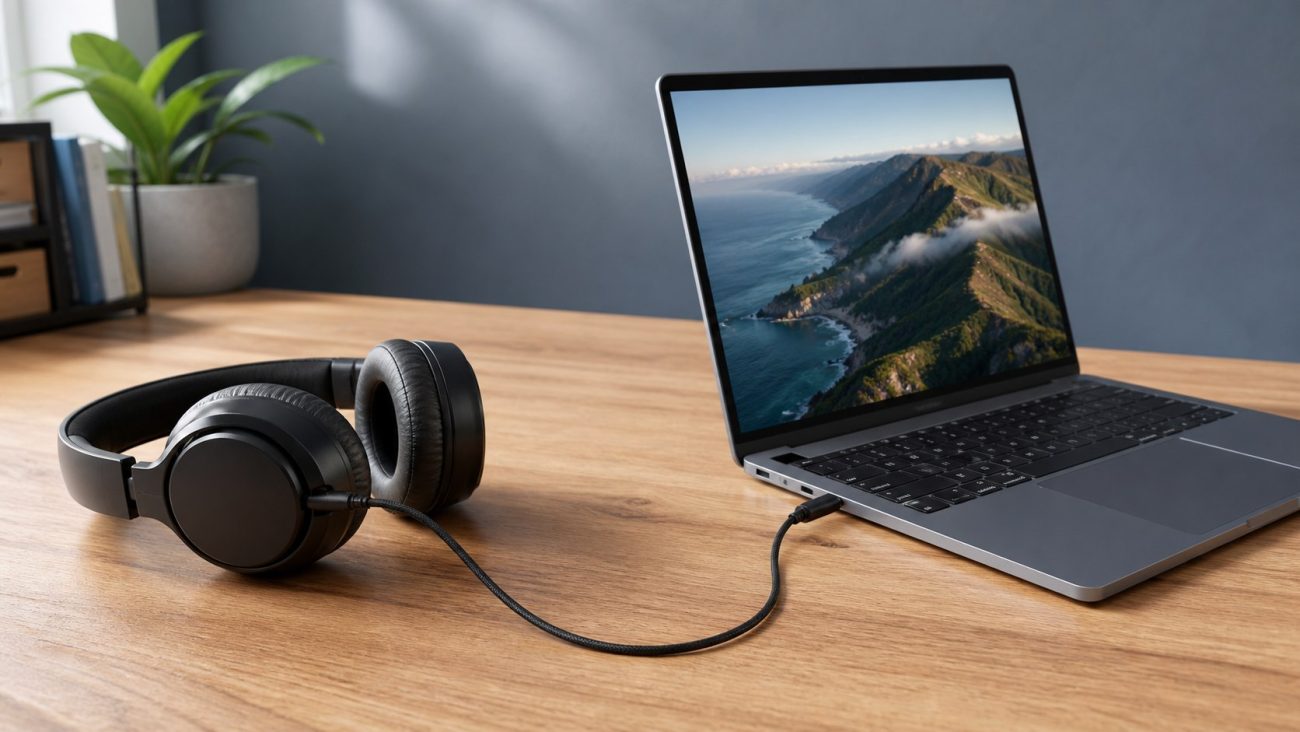 Audífonos negros conectados al puerto de 3,5 mm de un notebook mediante un cable continuo
