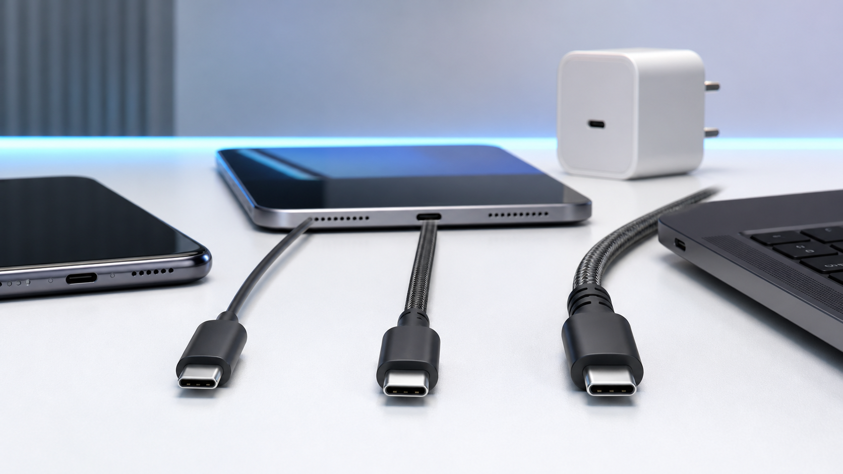 Tres cables USB-C de distintas capacidades frente a un teléfono, una tablet y un notebook