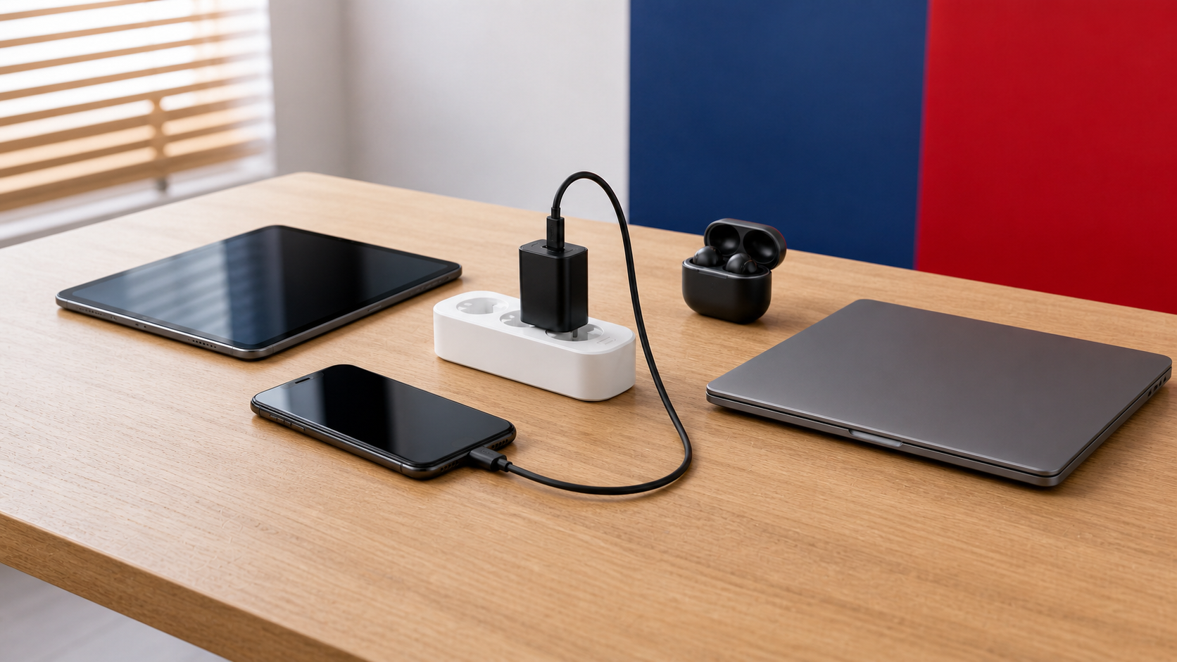 Cargador USB-C conectado a un teléfono junto a una tablet, audífonos y un notebook