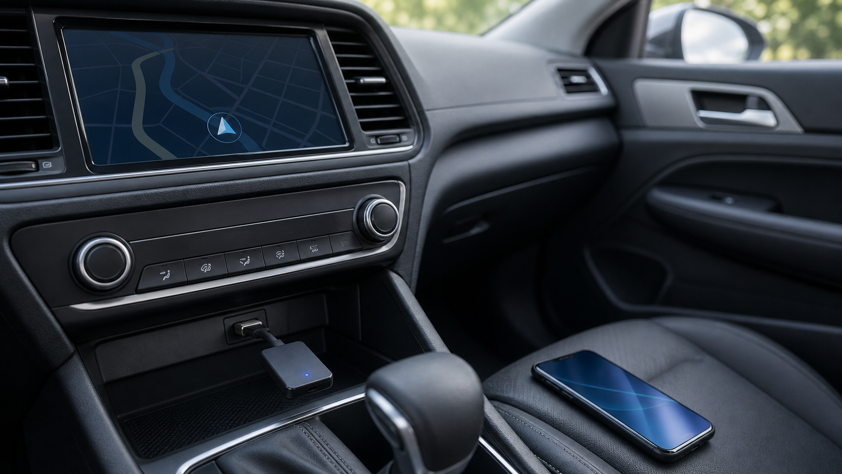 Adaptador inalámbrico conectado al puerto USB de una radio compatible en un auto estacionado