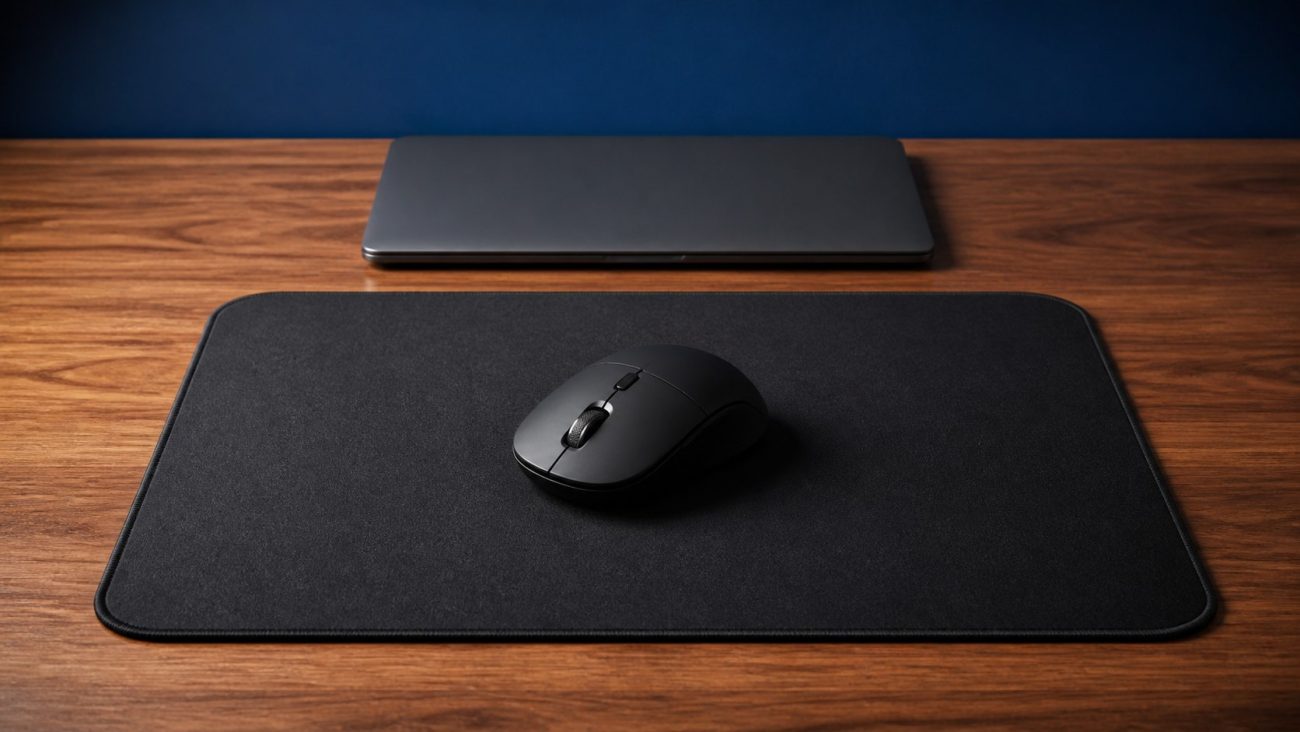 Mouse inalámbrico negro con botón de sensibilidad sobre un pad, frente a un notebook cerrado
