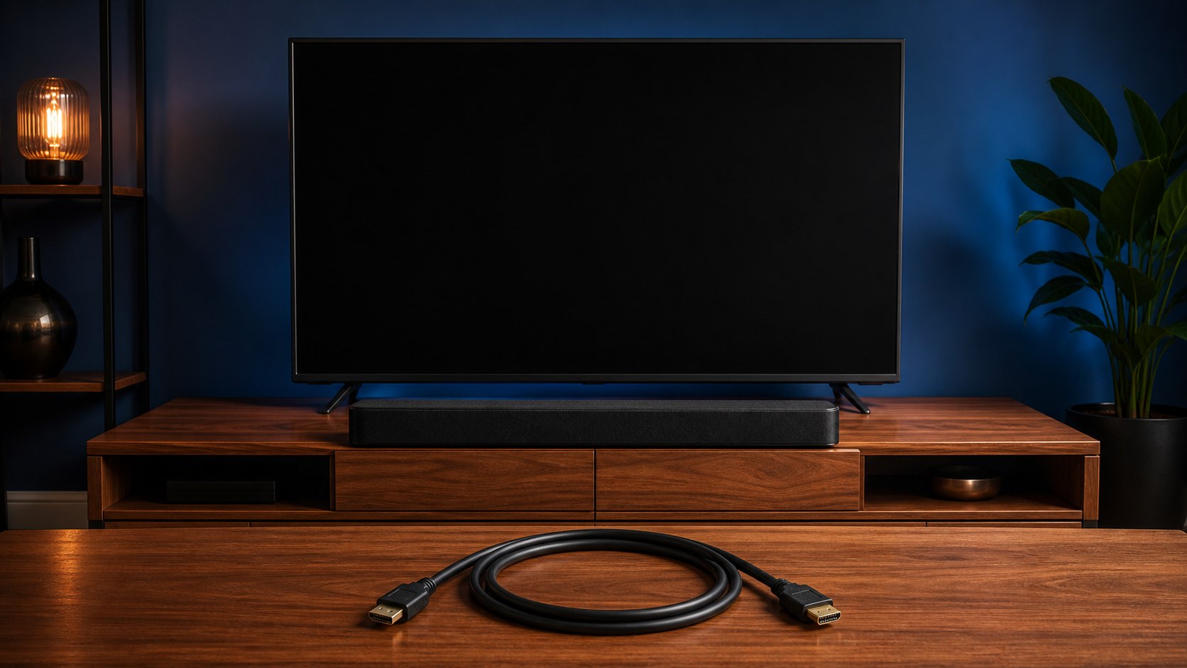Televisor y barra de sonido junto a un cable HDMI completo sobre un mueble