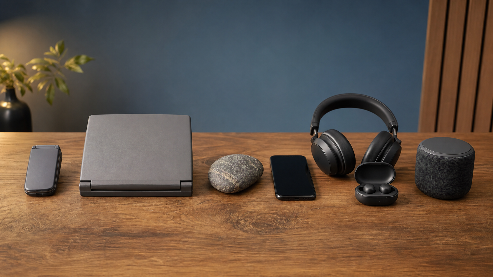Teléfono y notebook antiguos junto a audífonos, smartphone, earbuds y parlante inalámbricos modernos